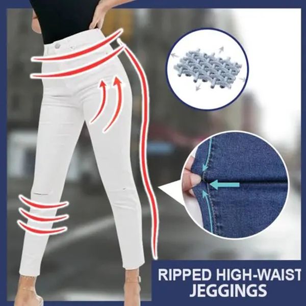 

эластичные колено отверстие рваные джинсы женщины высокая талия узкие джинсы брюки повседневные повседневные-opk, Blue