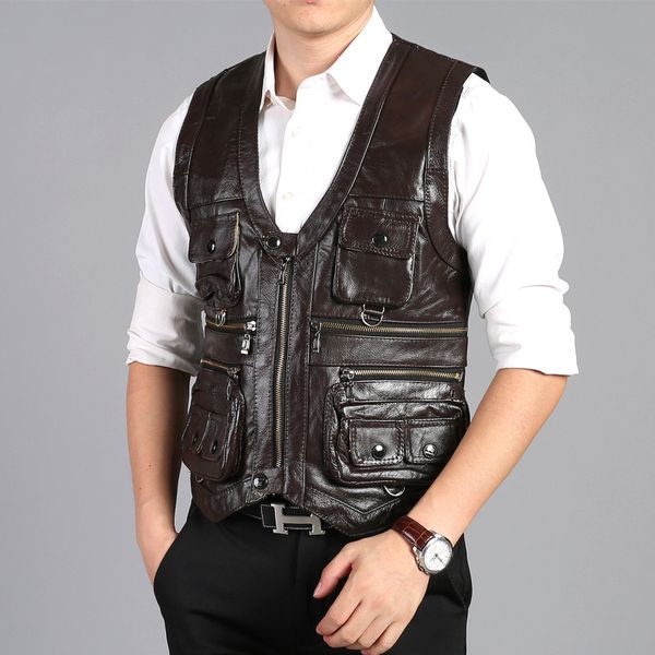 

men's leather & faux mens jacket 100% cowhide v-neck men vest natural high-quality coat h627, Black