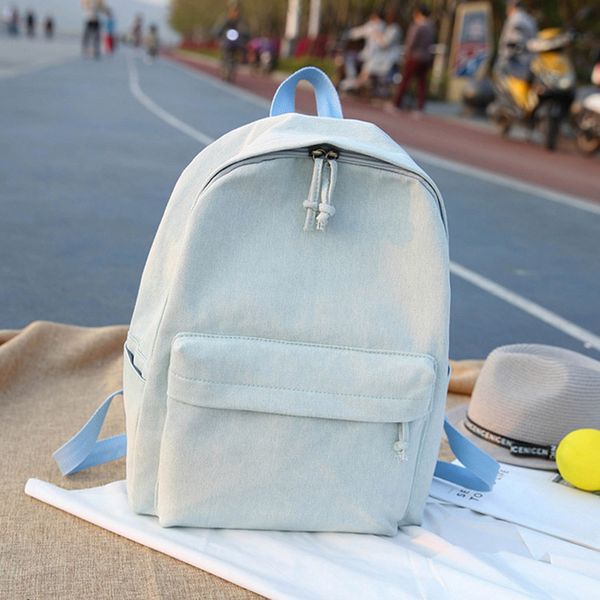

korean version simple solid denim blue canvas backpack women bag college students travel backpack school bags rugzak mochila