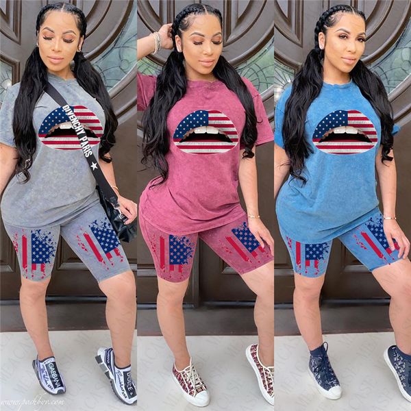 

s-xxxl women tracksuit woman lips 2 piece clothing set short sleeve tees tshirt shorts two pieces outfit flag sportswear d62304, Gray
