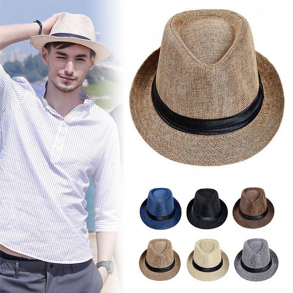 

men straw hat linen sun protective foldable breathable casual cap for summer kng88