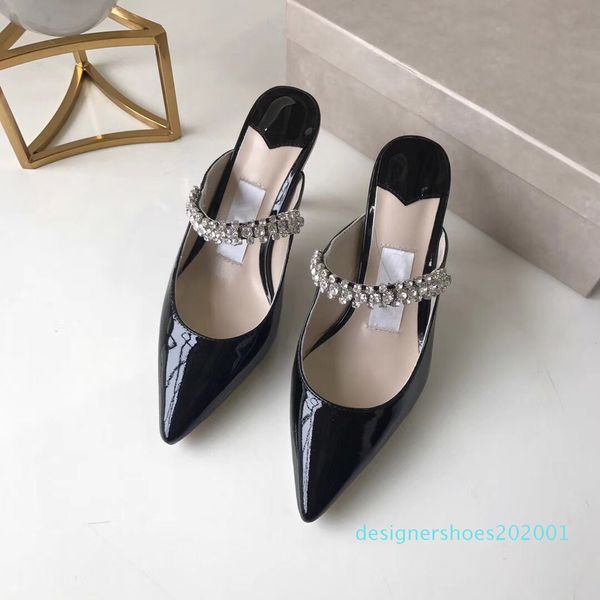 

high heel sandal women pointed crystal strap sandal patent leather mules women flat mules designer stiletto heel dress sandal with box d01, Black