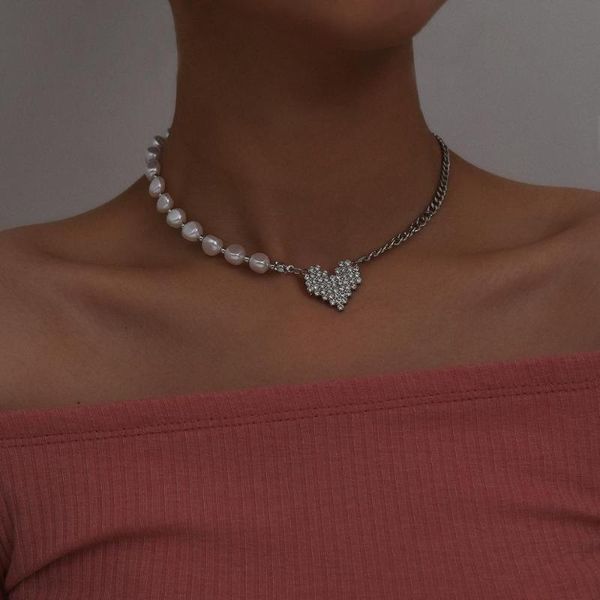 

korean baroque pearl crystal lover heart pendant choker necklace for women gothic minimalist chain necklace wedding jewelry gift, Silver