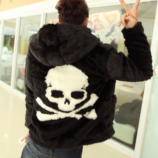 

2019 winter autumn fur overcoat leather grass overcoats male skull pattern hoodie faux fur coat cozy black jacket