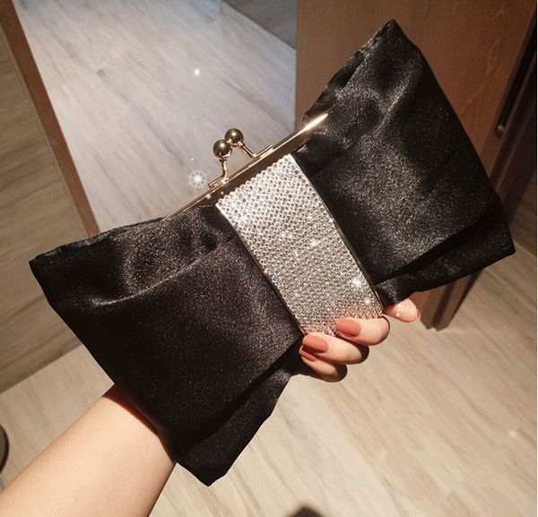 

elegant ladies big ruched satin bow clutches korean dinner show banquet cokctail wedding women evening bag chain messenger bags
