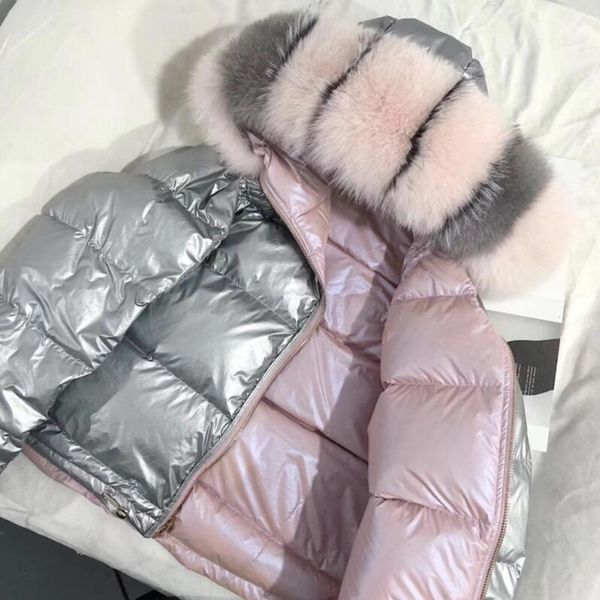 

large real natural fur 2019 winter jacket women down parkas coats hooded white duck down jacket double sided waterproof coat, Black