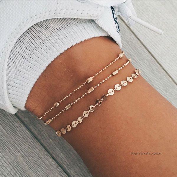 

3 pcs/set women fashion round bead chain multilayer gold silver womens bracelet set classic beach party clothing jewelry, Golden;silver