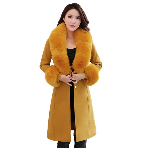 

spring autumn women wool coat slim long trench coats female jackets big fur collar jaqueta feminina nw1314, Black