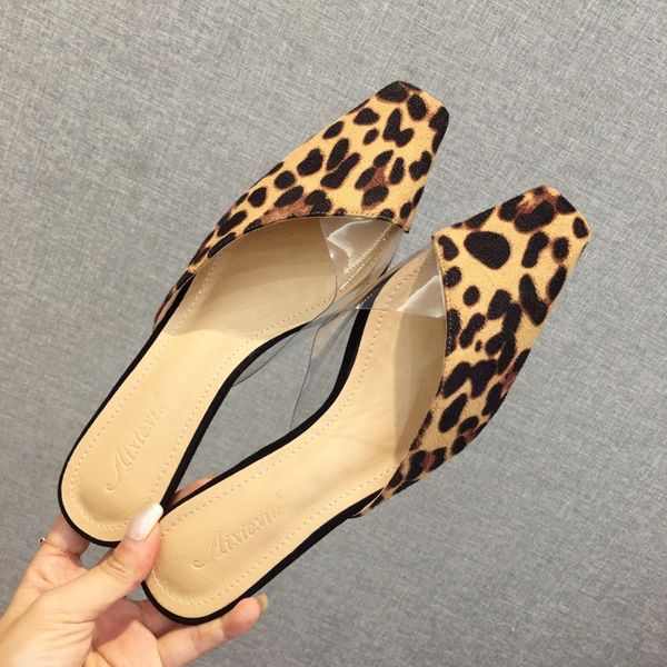 

2020 summer new women black nude low heels slides mules closed square toe leopard slippers cheetah print slides wholesale shoes