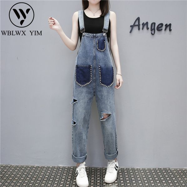 

jumpsuits for women spring loose fashion playsuit beading pocket denim jumpsuit casual woman overalls plus size jeans rompers, Black;white