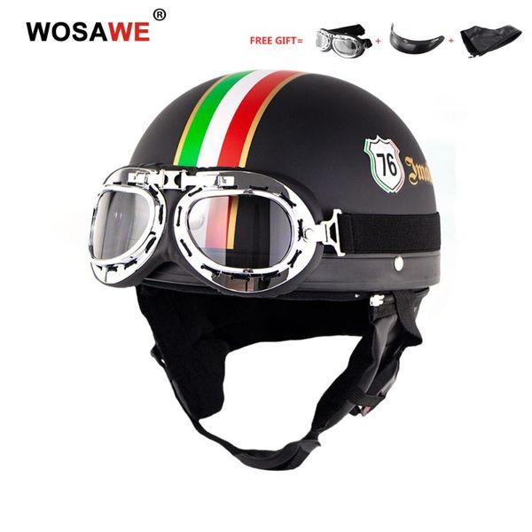 

wosawe мотоцикл половина шлем с goggles visor open face army skull cap vintage съемная наушника внешней безопасности каску