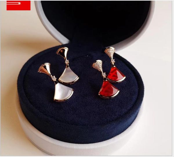 

pure silver fan with diamond earrings female natural white fritillary rose gold earrings, Golden;silver