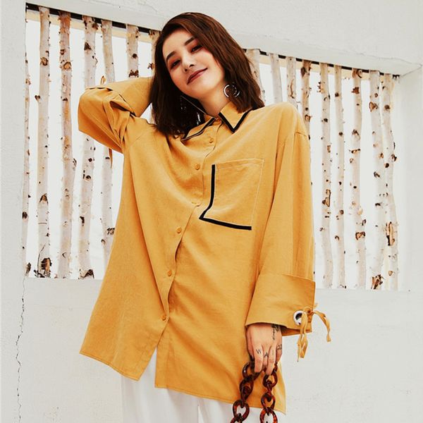 

lanmrem 2019 original retro shirt women's new solid color stitching ribbon long-sleeved lapel single-breasted loose shirt pc159, White
