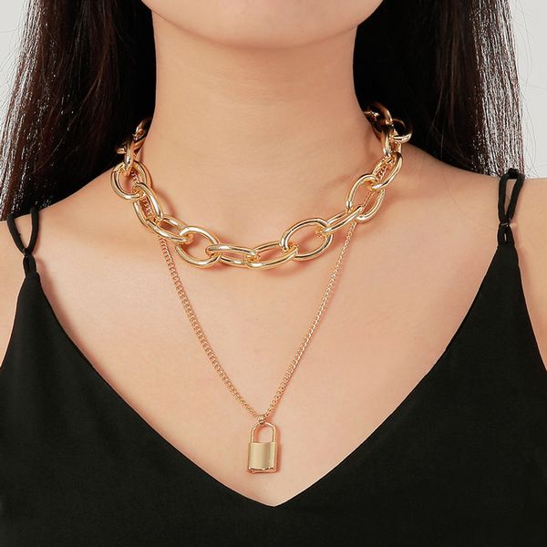 

abdoabdo punk style stainless steel jewelry exaggerated chain necklace multilayer lock pendant long necklace women collier, Silver