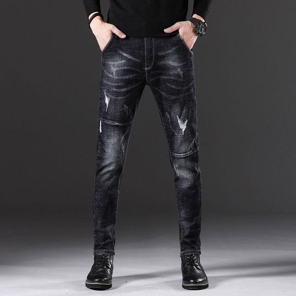 

men black jeans 2019 spring summer skinny stretch distressed ripped freyed slim fit mid waist denim pants plus size, Blue