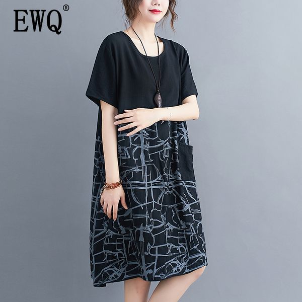 

ewq] 2020 spring summer cotton linen o-neck short sleeve print pattern women casual loose cotton and linen pockets dress ay657, Black;gray