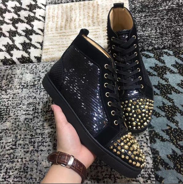 

gold studs + high + sequins leather loubi red bottom sneakers for women,men outdoor footwear with box,eu35-47, Black