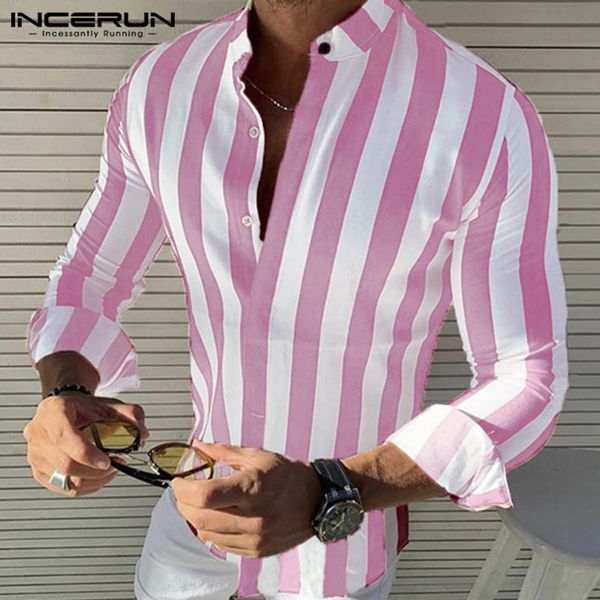 

incerun fashion men shirt striped casual brand stand collar button fitness long sleeve camisa streetwear dress shirts men 2019, White;black