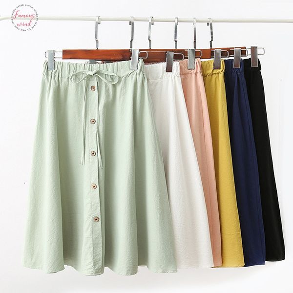 

a line summer women skirt high waist lace up casual pleated skirt with button medium long female skirt, Black