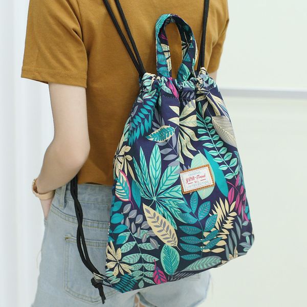 

new fashion printed bouquet pocket drawstring backpack casual female travel waterproof and lightweight fitness rucksack handbag