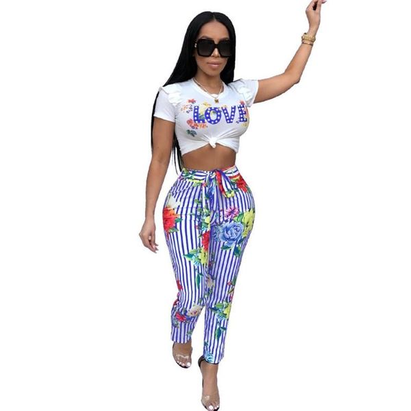 

women two piece set summer tracksuit women love striped print outfits two piece set and pants female breathable, Gray
