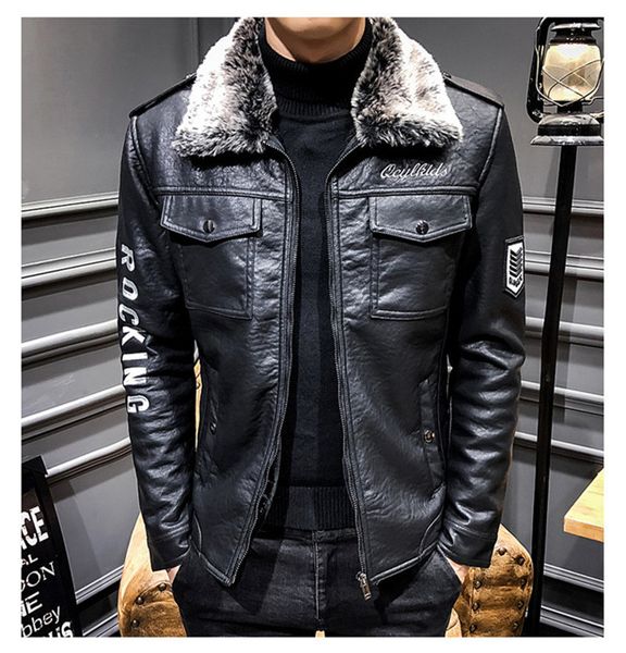 

faux fur collar mens jacket designer pu leather thick autumn winter clothes letter embroidery, Black