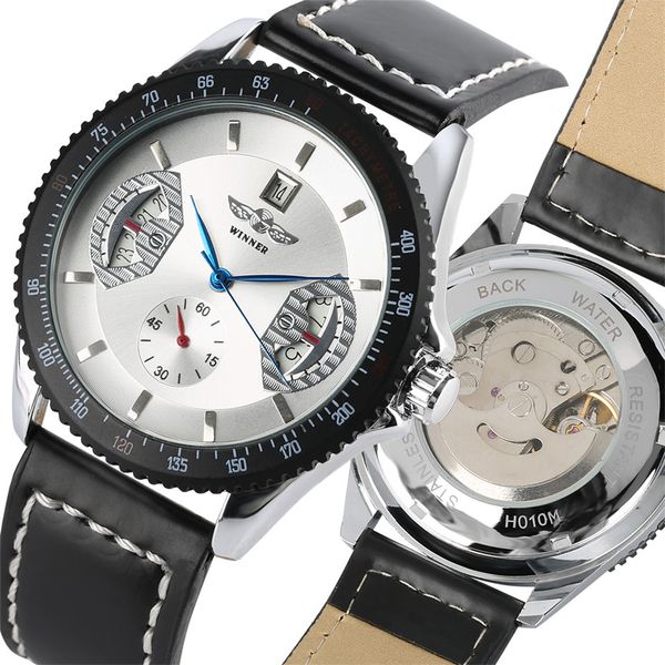 

business mechanical watches men auto-date calendar display automatic wristwatch genuine leather men's watch reloj, Slivery;brown