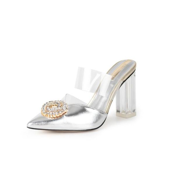 

za with 2020 new thick and high heel transparent crystal one-word sandal for women with crystal thick heel and pointed toe sandal for women, Black