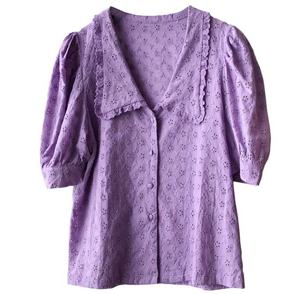 

cs898 new design ladies peter pan collar embroidery hollow out short sleeve cotton blouse shirts clothings, White