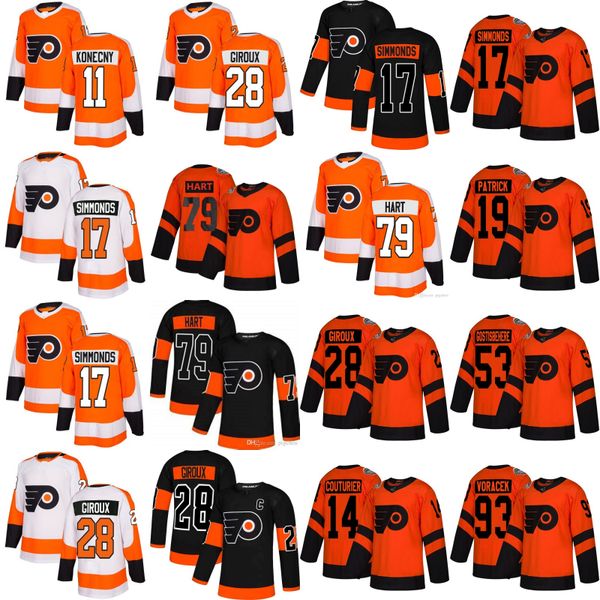 

79 carter hart 2019 philadelphia flyers hockey 28 claude giroux 53 gostisbehere 93 voracek 11 konecny 9 provorov ice hockey jerseys, Black;red