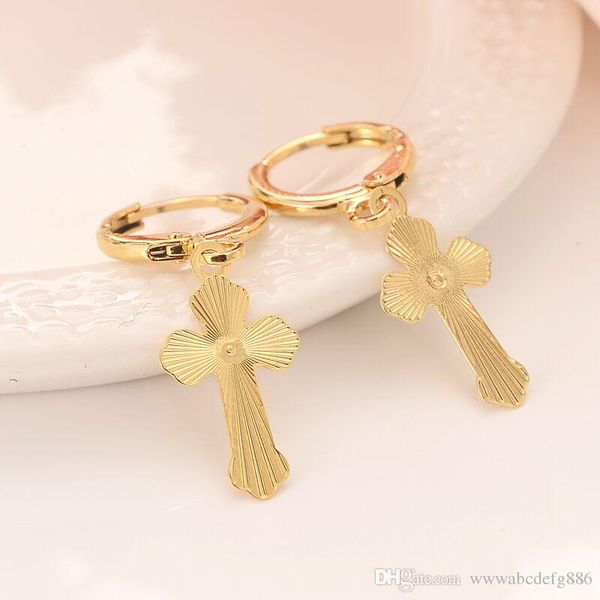 

wide quality 9ct gold gf sleeper hoop dangle earring with cross / earrings new religion christianity, Silver