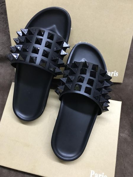 

red bottoms slippers luxury designer slides casual spikes men women beach slipper tide male home des chaussures leather espadrilles, Black