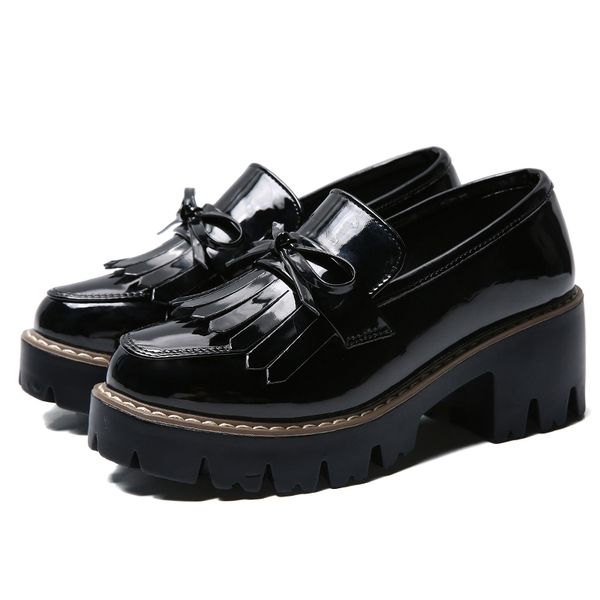

leather oxfords women shoes thick sole platform shoes woman ladies, Black