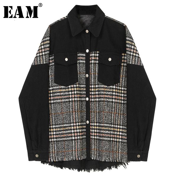 

eam] loose fit black woolen plaid split denim big size jacket new lapel long sleeve women coat fashion autumn winter 2019 1h920, Black;brown