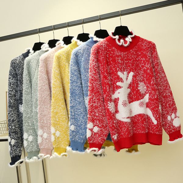 

christmas mink cashmere sweater tree note elk deer snowflake 2019 winter knitted pullovers plus size long sleeve causal jumpers, White;black