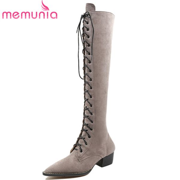 

memunia 2020 new arrival knee high boots for women pointed toe suede leather boots zipper lace up autumn fashion shoes, Black