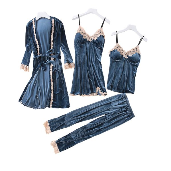

2019 new spring gold velvet 4 peices warm pajamas set women lace robe pajamas winter sleepwear sleeveless nightwear, Blue;gray