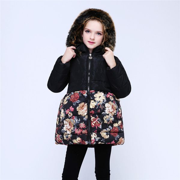 

winter baby girls thick warm print floral coat kid winter cotton-padded fur hooded coat girls school christmas cute outwear, Blue;gray