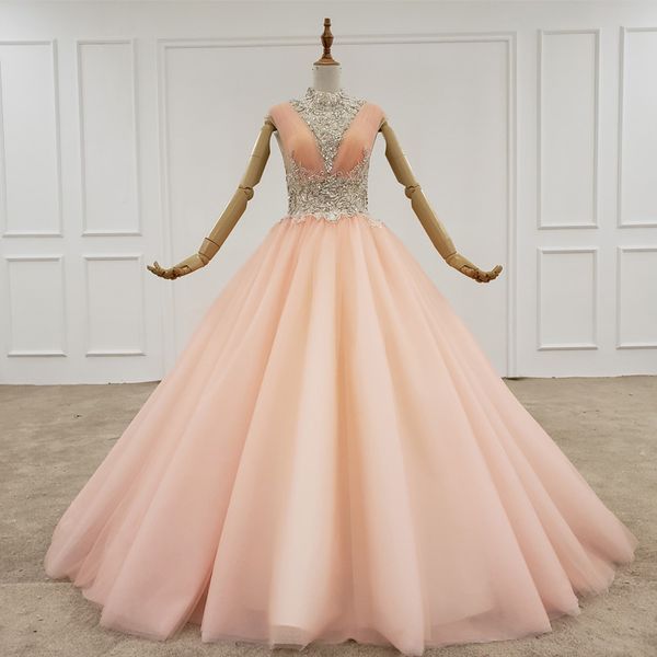 

2020 new design pink evening dress high neck elegant evening gown sleeveless lace crystal occasion dress floor length suknie wieczorowe, Black;red