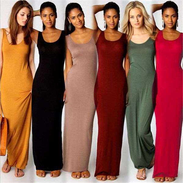 

2019 new summer solid 14 color women bodycon dress o-neck slim maxi dress high stretch tank robe thin long dresses vestidos, Black;gray