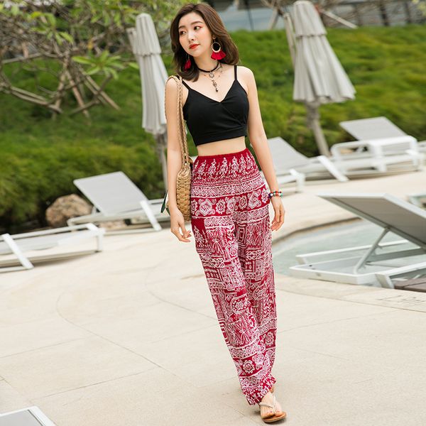 

women's pants & capris summer cotton silk holiday beach pattern print large size women wide leg pant loose high waist beam foot trouser, Black;white