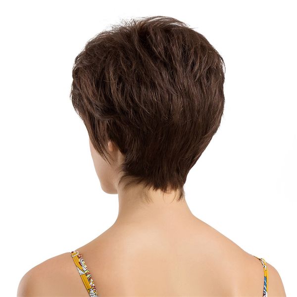 

women short stylish human hair straight wavy wig pixie cut cosplay party brown wig 8 inches hairpiece, Black