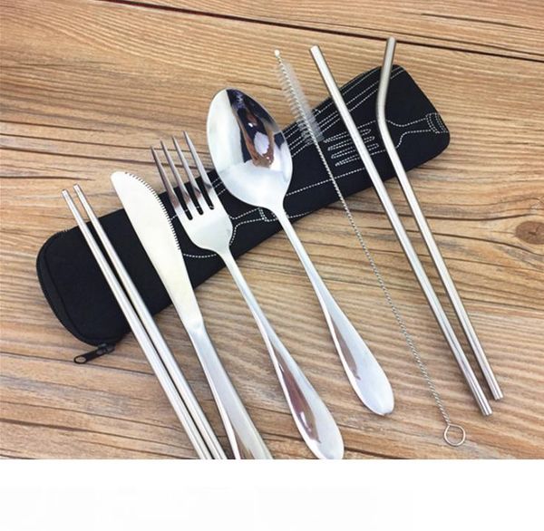 

portable flatware set reusable stainless steel fork, knife, spoon, chopsticks, juice straw and cleaning brush sn2358