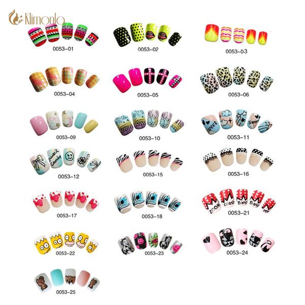 

24pcs/lot fake nail cute design nail art false tips medium full cover false nails with glue for kid/girls pre designed fashion, Red;gold