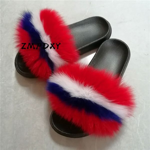 

women's fluffy fur slippers children's/kids colorful fox fur furry slides ladies plush hair beach flip flops woman fur shoes hot, Black