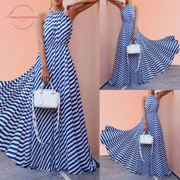 

women summer holiday beach long maxi stripe dress strappy sleeveless polyester sundress halter dresses drop shipping, Black;gray