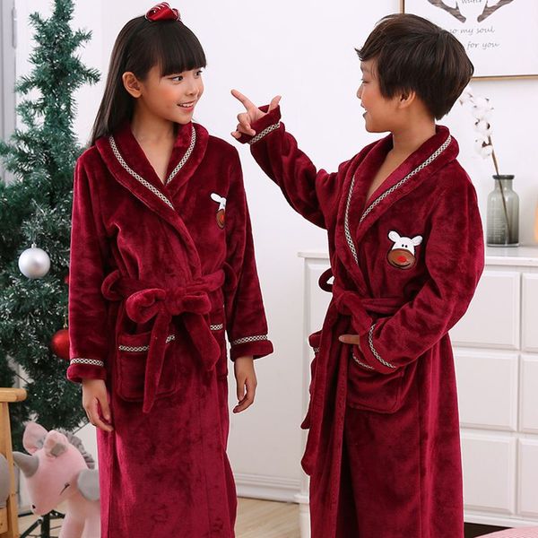 

flannel kimono sleepwear kids winter coral fleece thick bathrobe cartoon yukata warm homewear robes pajamas cute nightgown n02, Black;red