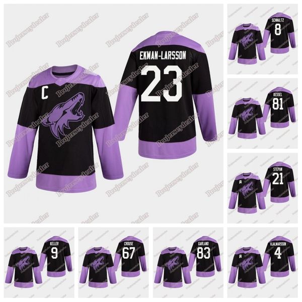 

women arizona coyotes fights cancer practice jersey phil kessel oliver ekman-larsson clayton keller derek stepan lawson crouse nick schmaltz, Black;red