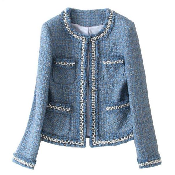 

blue tweed jacket coat autumn women beading denim long sleeve woolen fringed trim short basic tassels pocket outerwear jacket fit, Black;brown