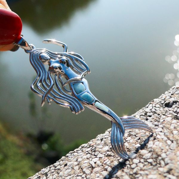 

100% 925 sterling silver natural larimar mermaid pendant charm pendant bohemian style mermaid jewelry gift for women